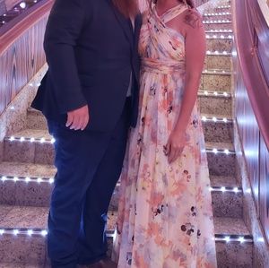 Calvin Klein watercolor criss cross halter gown